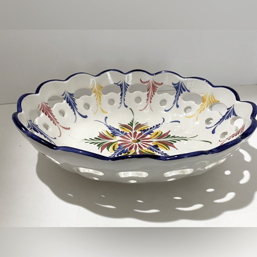 Hand Painted Floral Oval Reticulated Dish Bowl Scalloped Edge Made in Portugal